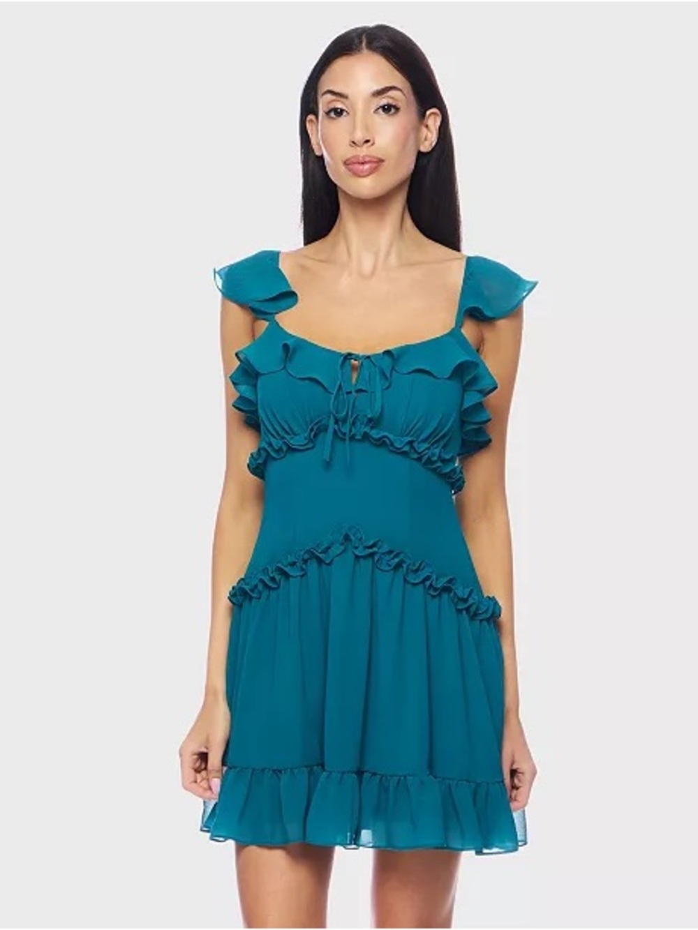 B Darlin Teal Ruffle Lace-Up Chiffon Mini Dress NWT Size 3/4